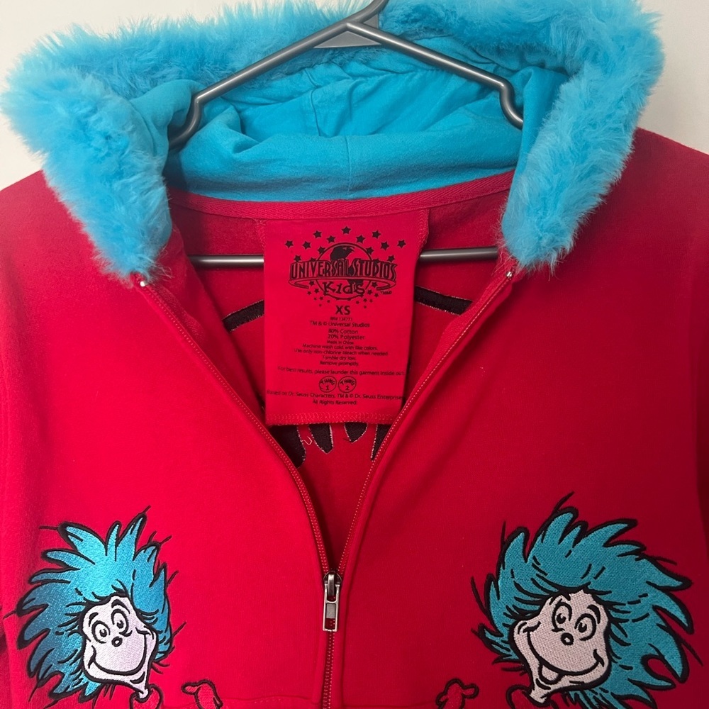 Universal studios thing 2 sweater hoodie zip up fur doctor Seuss cat in the hat - Picture 2 of 4